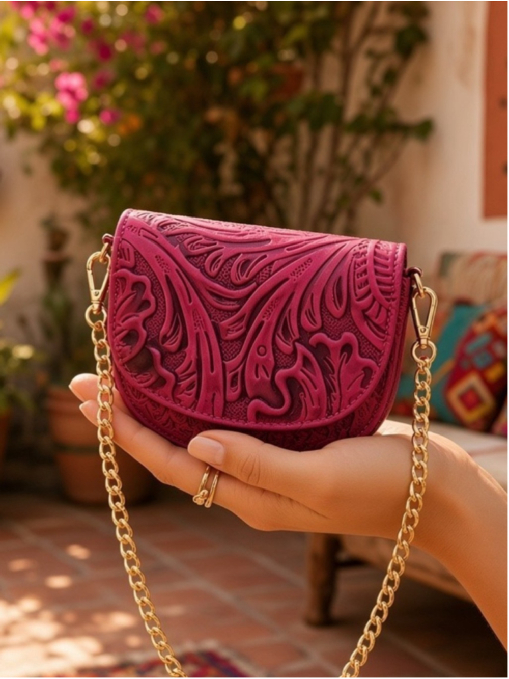 Bugambilia Berry Magenta Floral Embossed Tooled Artisan LEATHER Crossbody Wallet